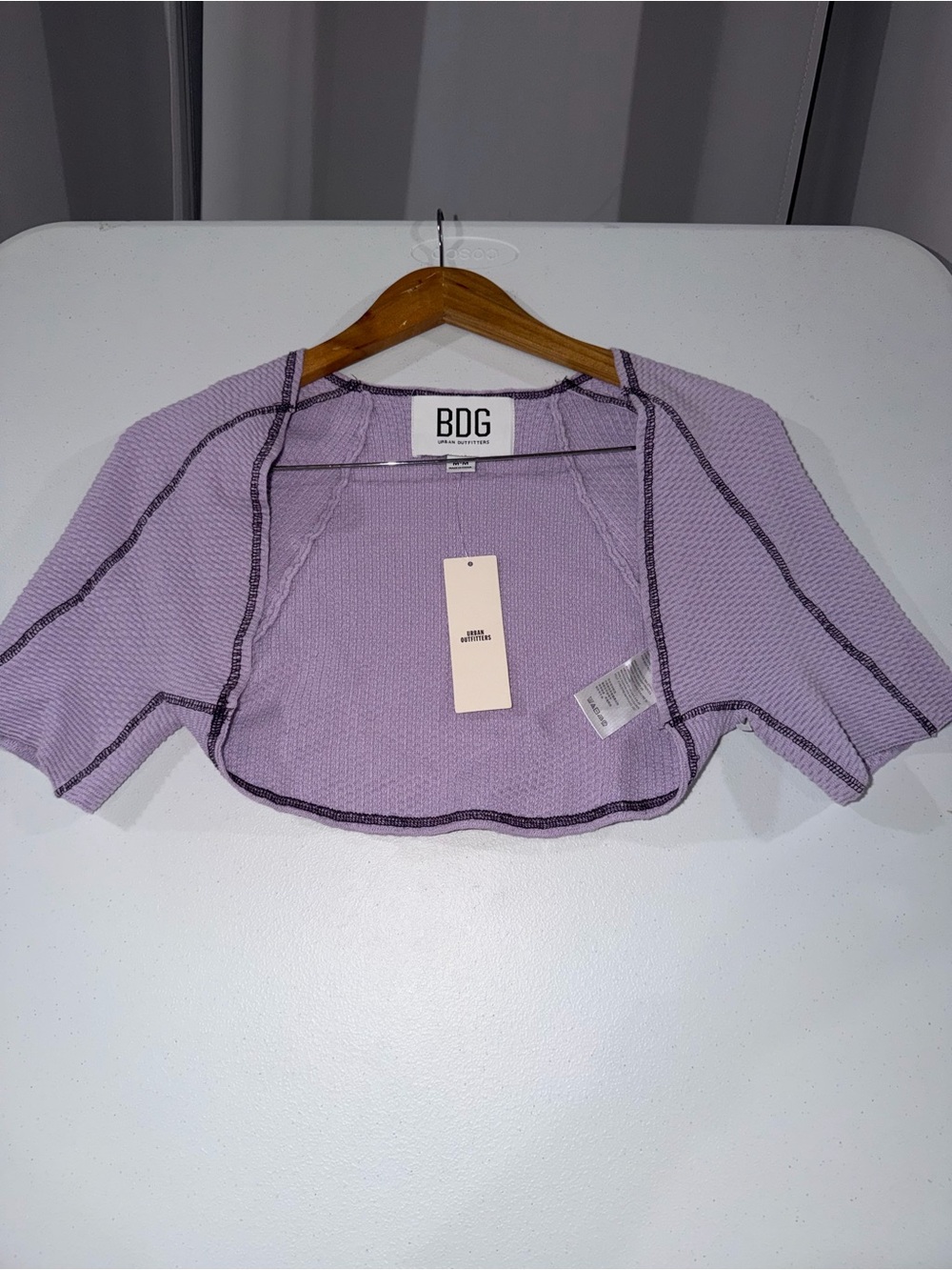 BDG Lilac Cropped Short-Sleeve Shrug with Dark Contrast Stitching